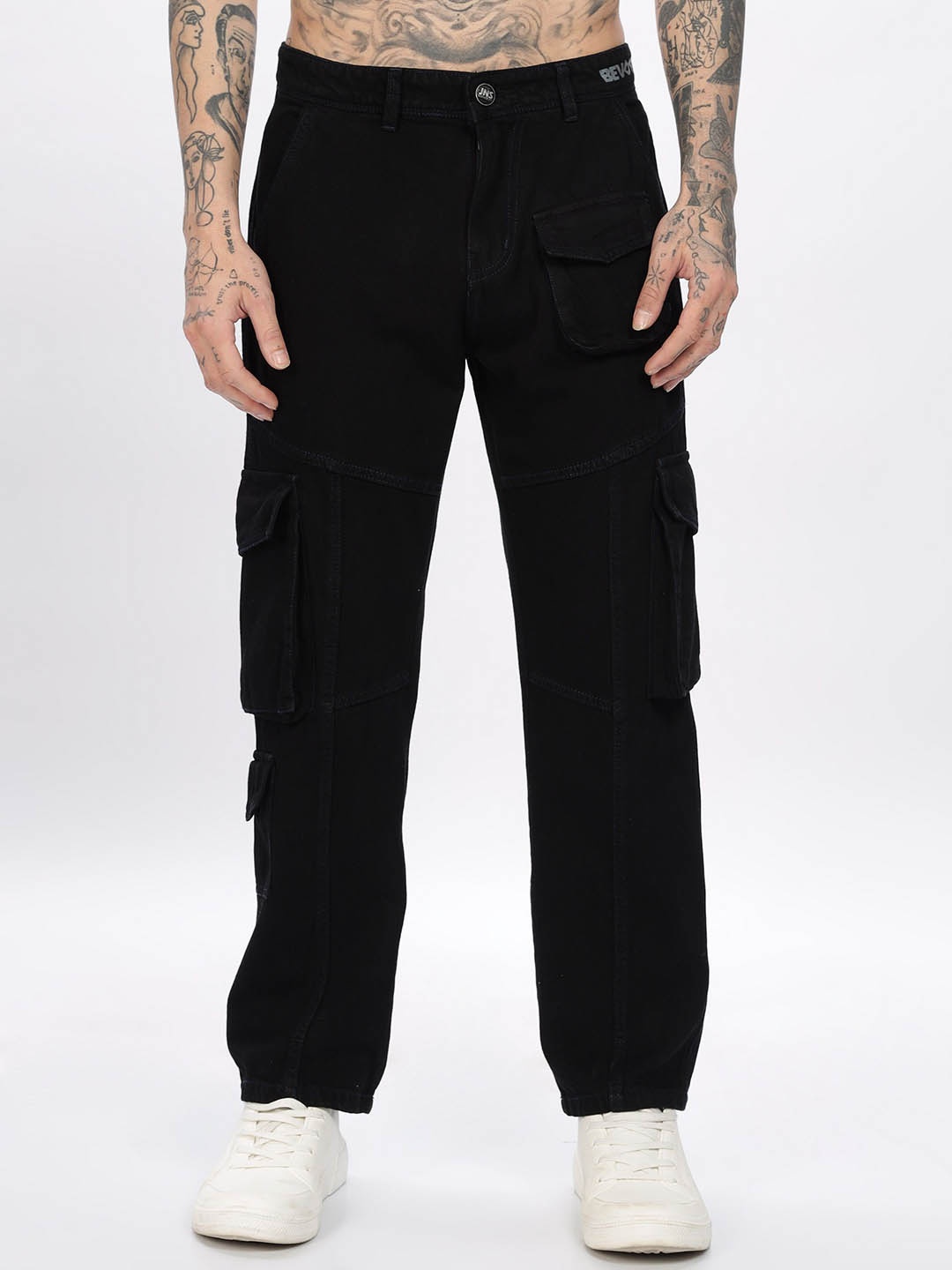 

BEVDAAS Men Cotton High-Rise Regular Fit Cargo Styles Jeans, Black