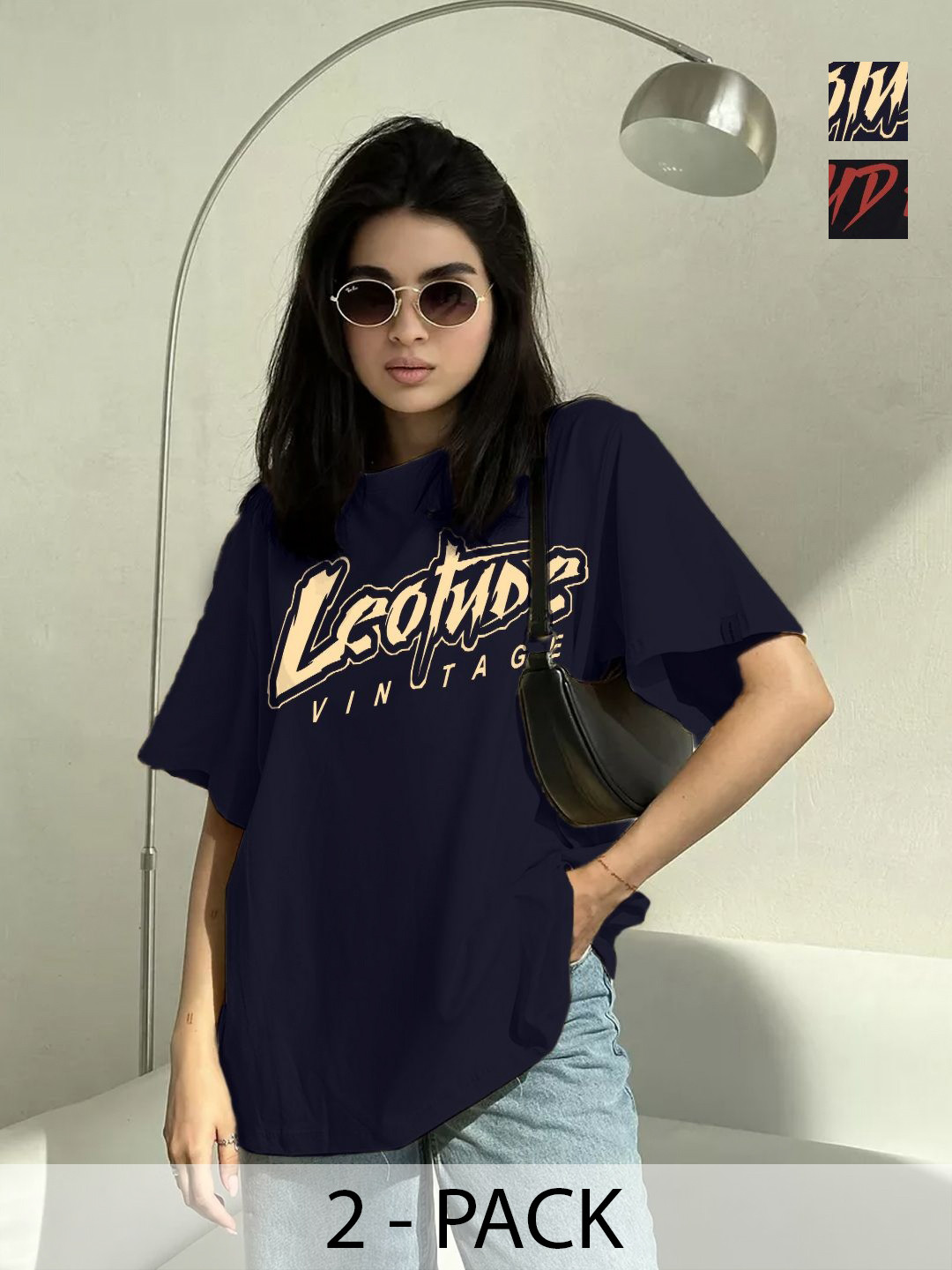 

Leotude Women Pack Of 2 Graphic Printed Round Neck Cotton Oversized T-shirts, Navy blue
