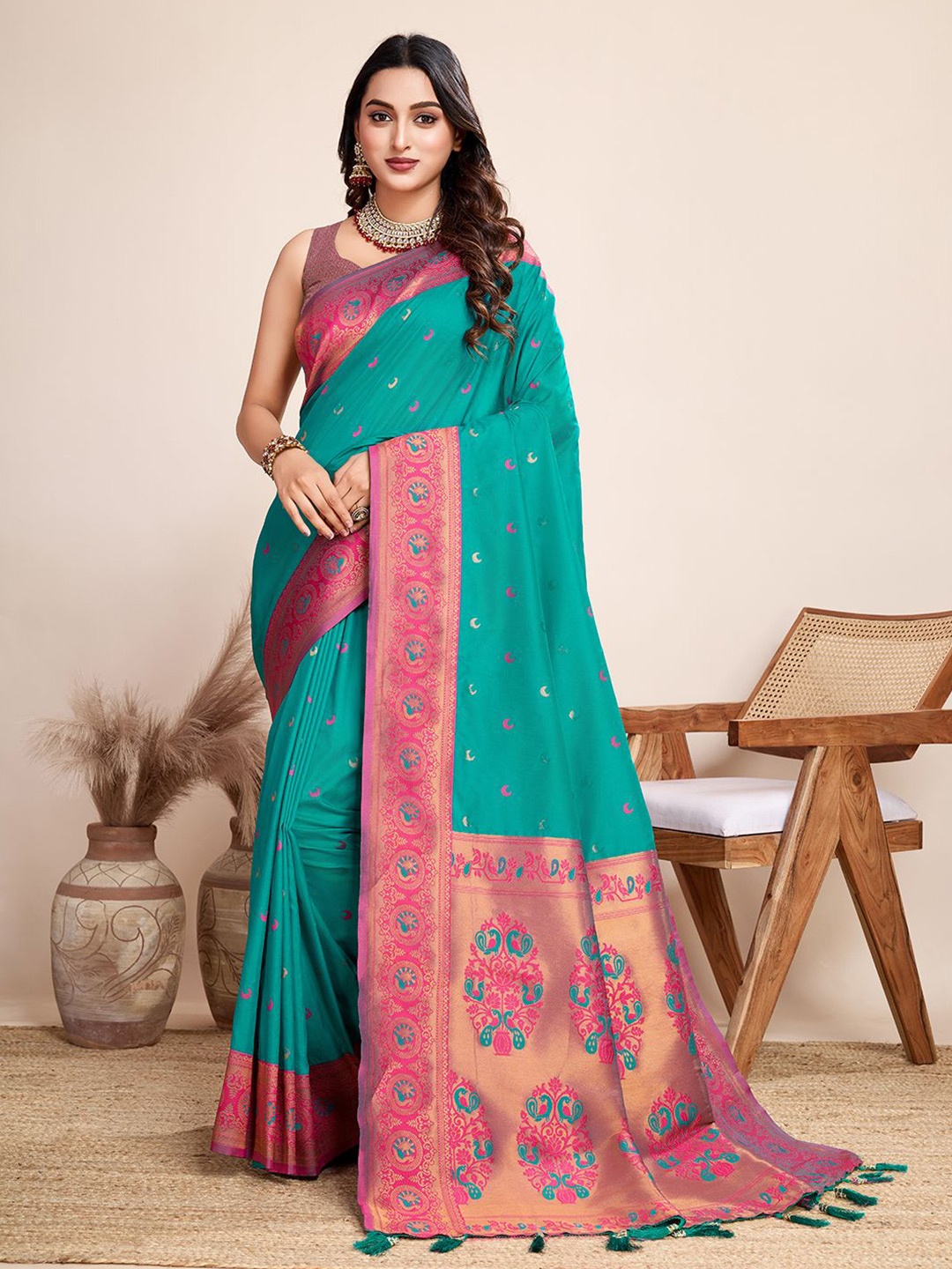 

Mitera Woven Design Pure Silk Designer Banarasi Saree, Teal
