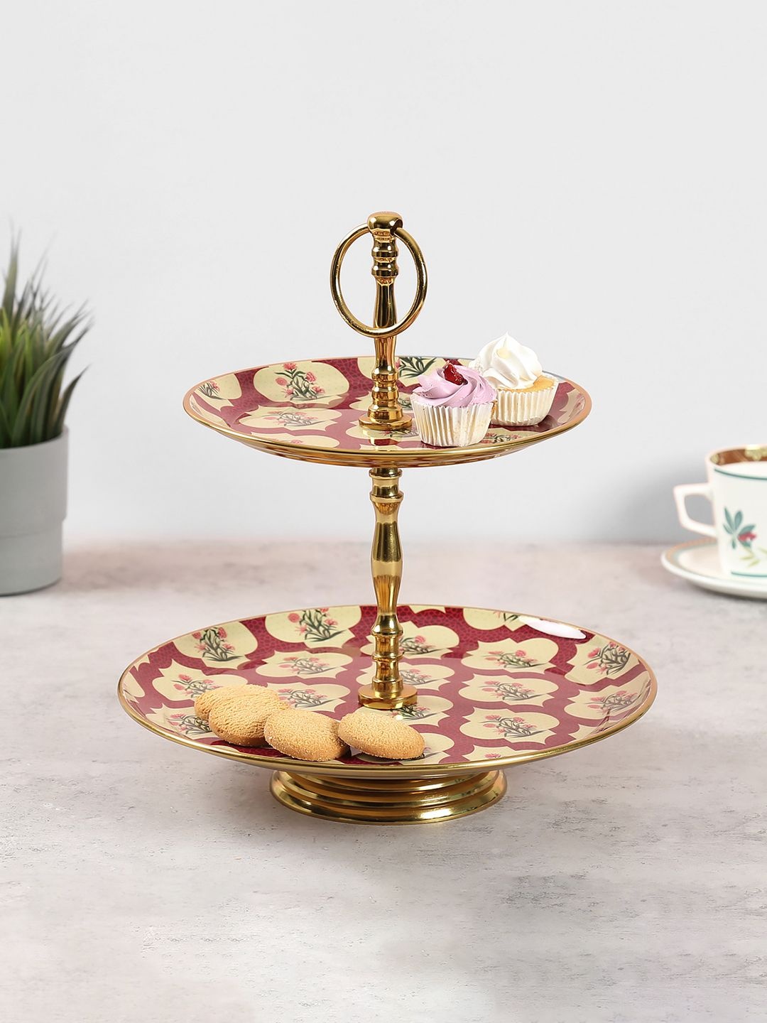 

India Circus by Krsnaa Mehta Gold-Toned & Maroon Flower Scarlet 2 Tier Serving Tray