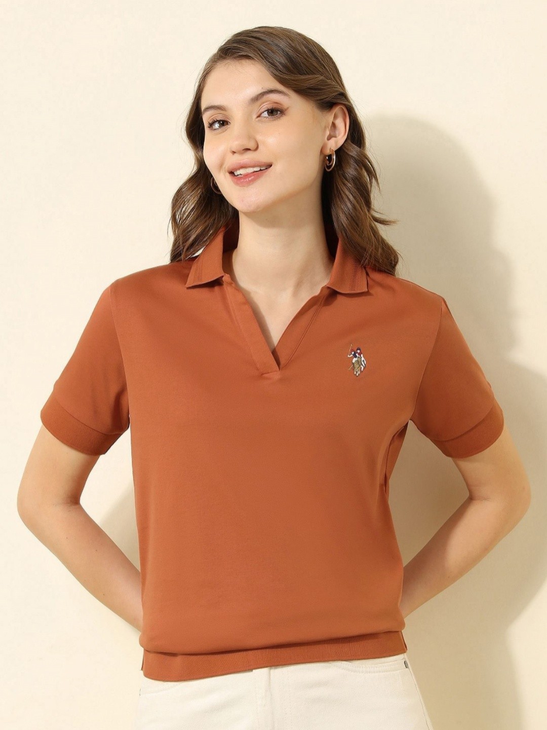

U.S. Polo Assn. Women Solid Polo Collar Cotton T-shirt, Brown