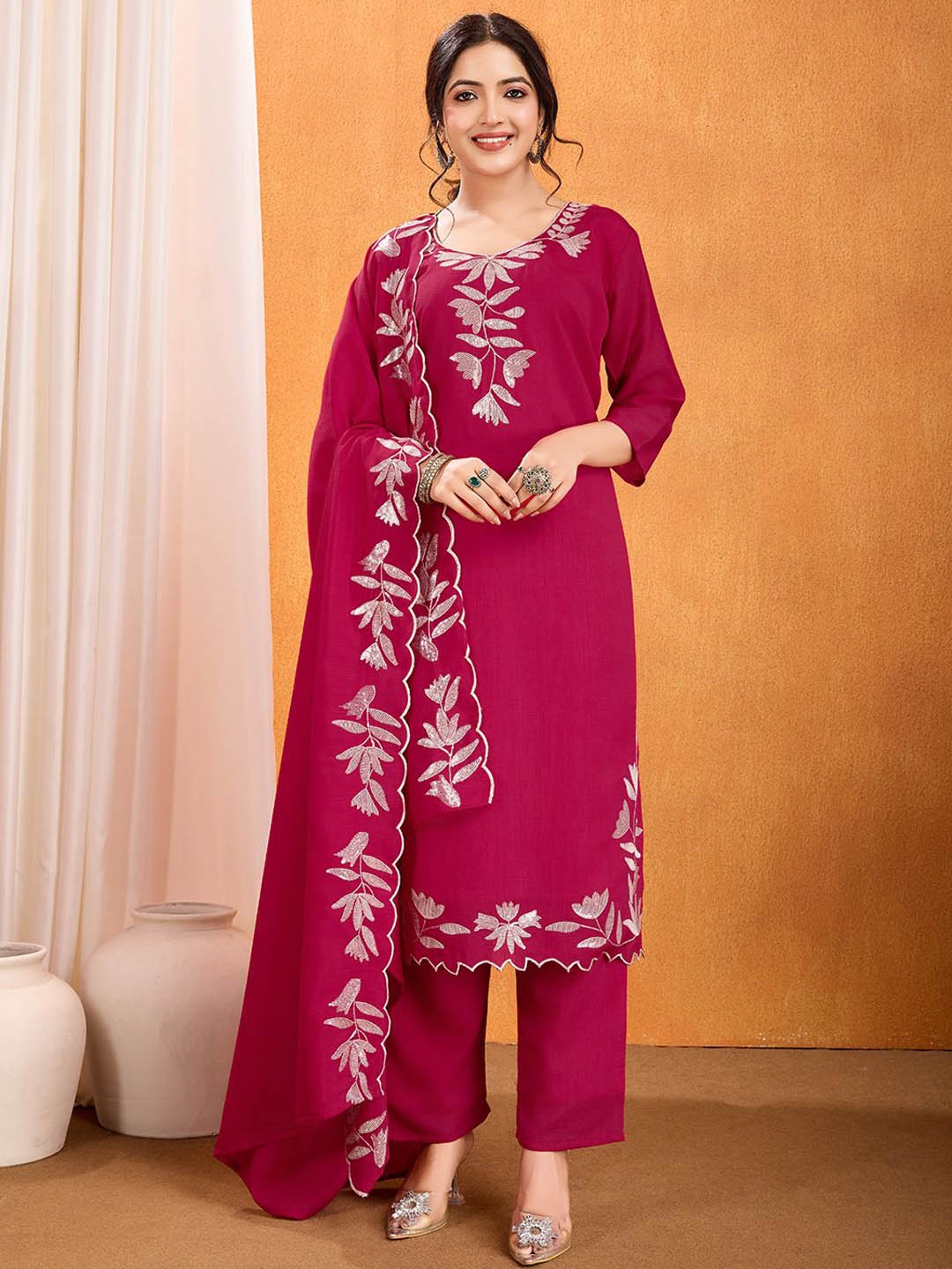 

Divyadham Textiles Floral Embroidered Thread Work Straight Kurta With Trousers & Dupatta, Pink