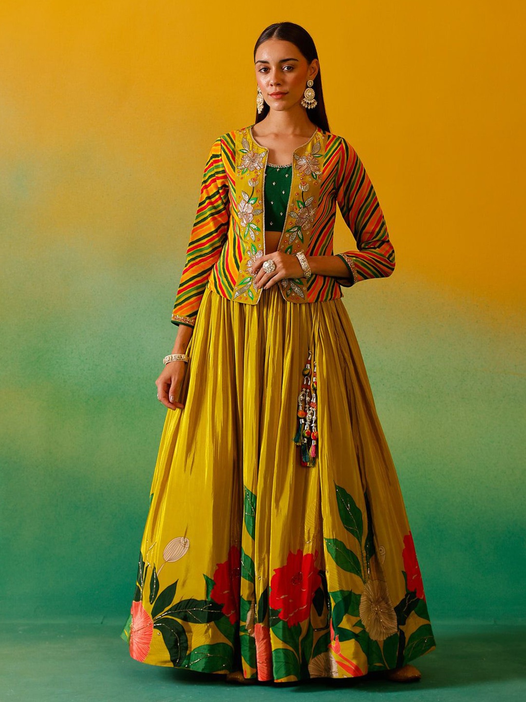 

Neerus Embroidered Beads And Stones Round Neck Ready to Wear Lehenga With Blouse & Jacket, Yellow