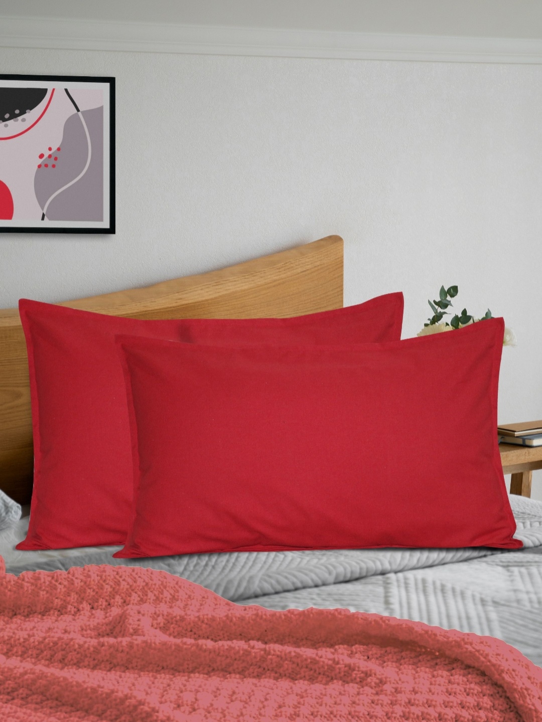 

HOME COLORS.IN Red 2 Pieces Pure Cotton Rectangle Pillow Covers