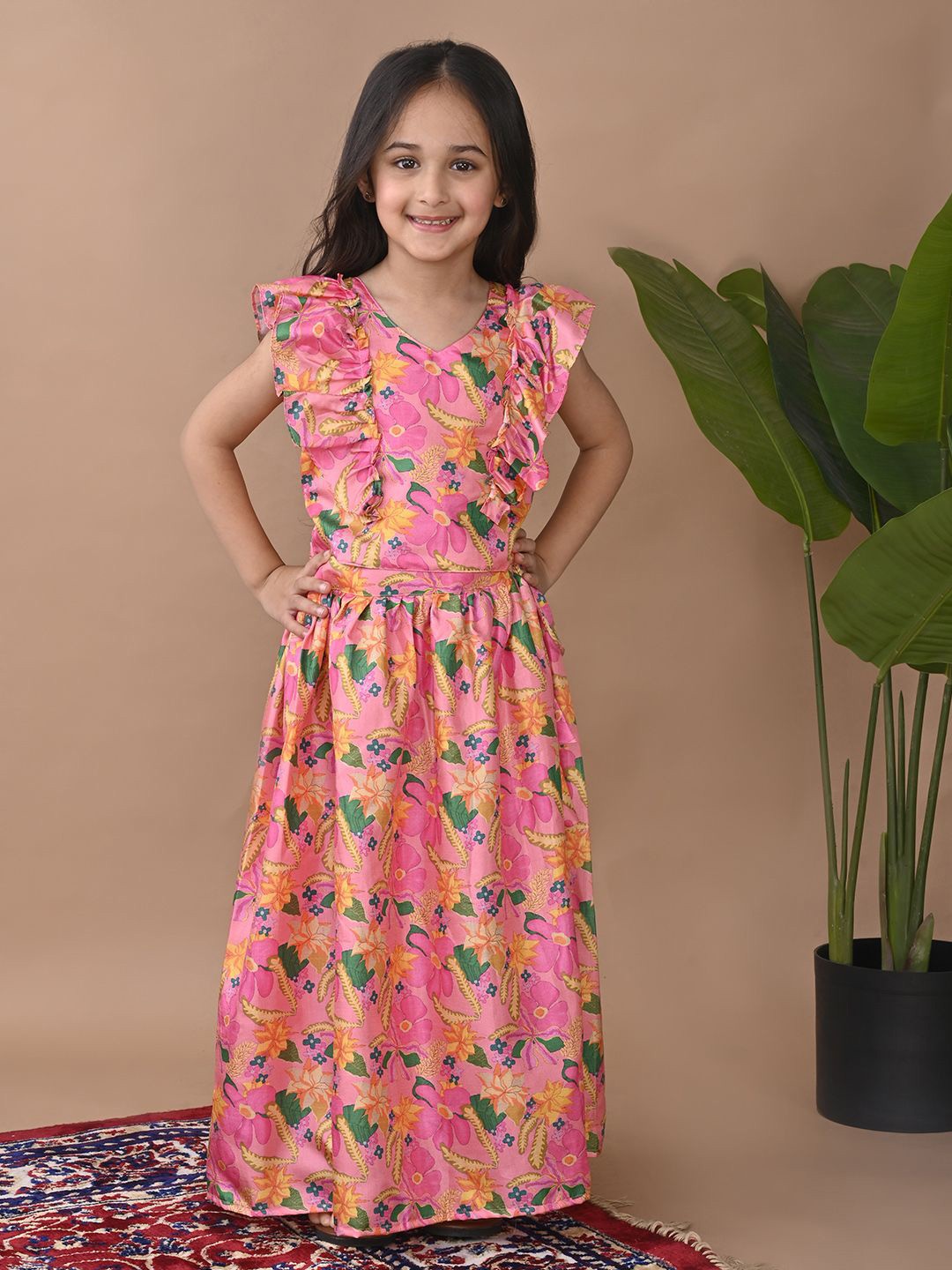 

Here&Now X Kinder Girls Floral Printed Cap Sleeves Ready to Wear Lehenga & Choli, Pink
