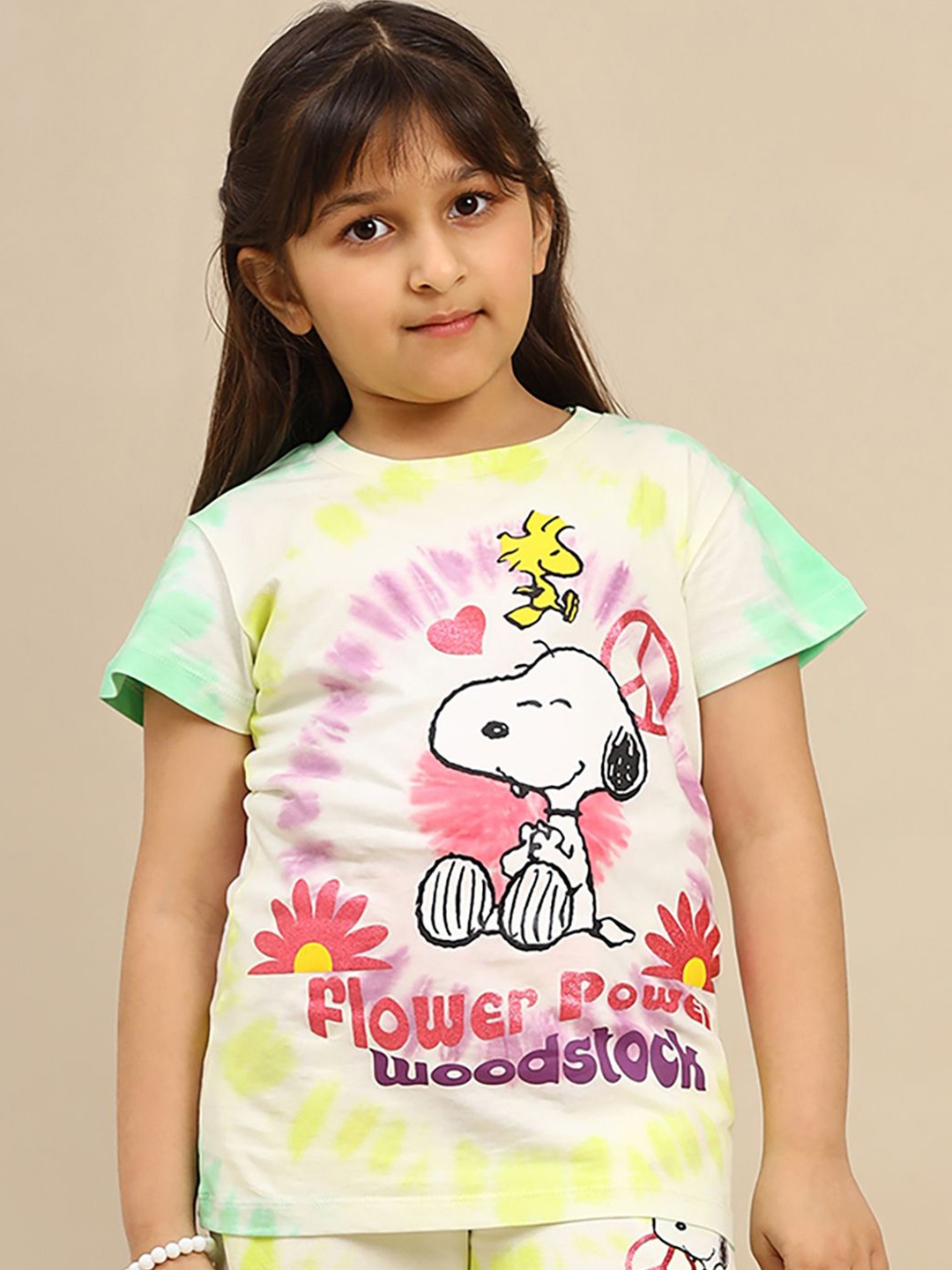 

Kids Ville Girls Peanuts Printed Regular Fit Pure Cotton T-shirt, Cream