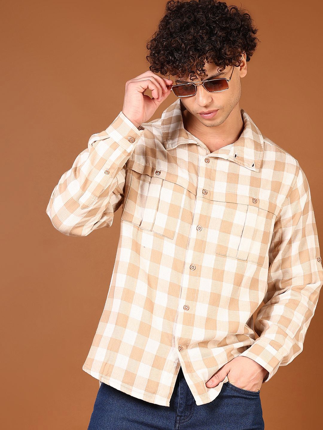 

V-Mart Men Buffalo Checks Opaque Checked Casual Shirt, Beige