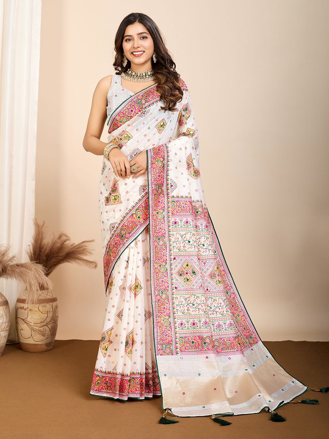 

Iris Embellished Mirror Work Pure Cotton Patola Saree, White