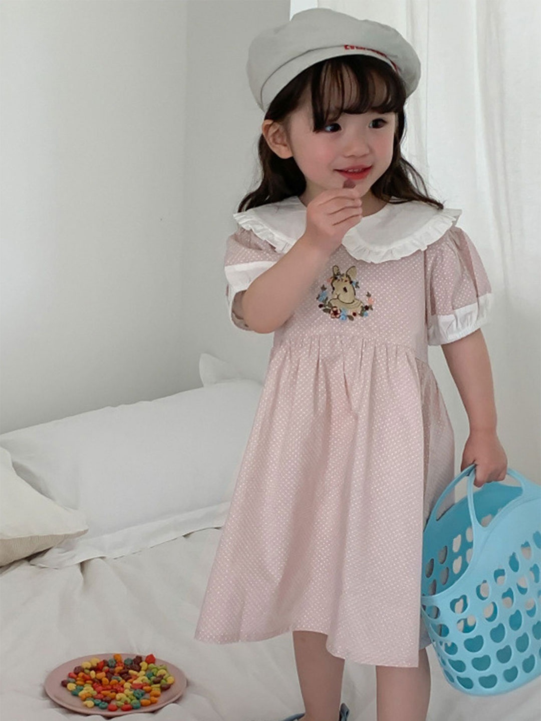 

LULU & SKY Girls Polka Dots Peter Pan Collar Cotton Fit & Flare Midi Dress, Pink