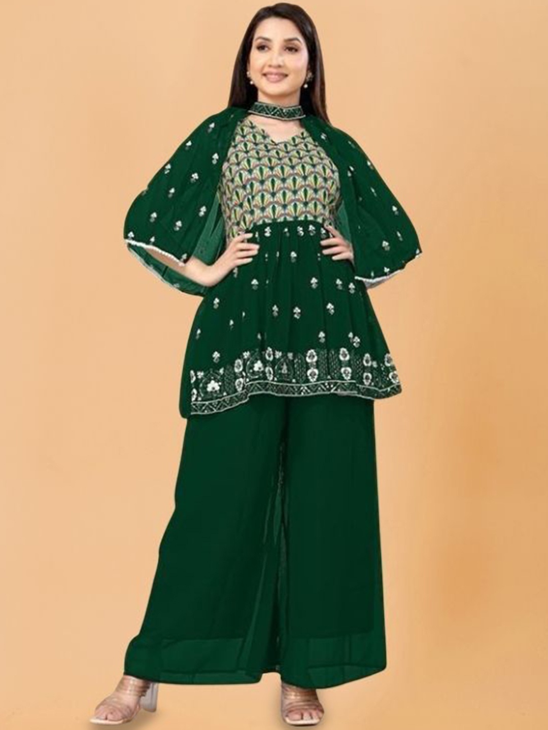 

PARROT CREATION Floral Embroidered V-Neck Georgette A-Line Kurti With Palazzo And Cape, Green