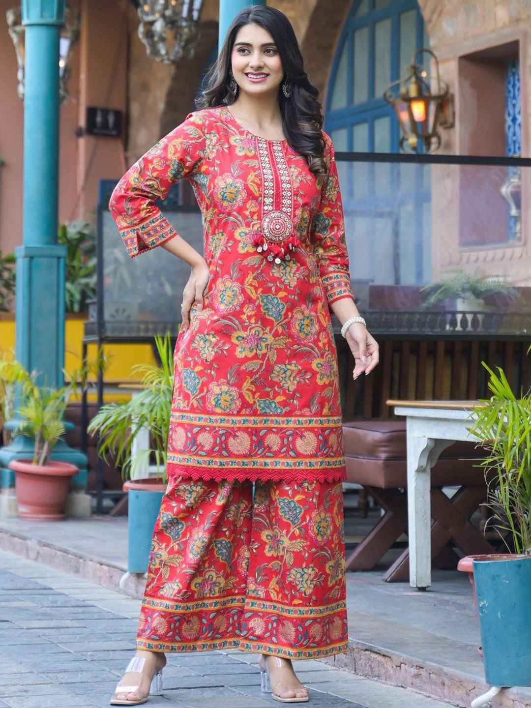 

AUTUMN LANE Floral Printed Pure Cotton Tunic & Trouser, Red