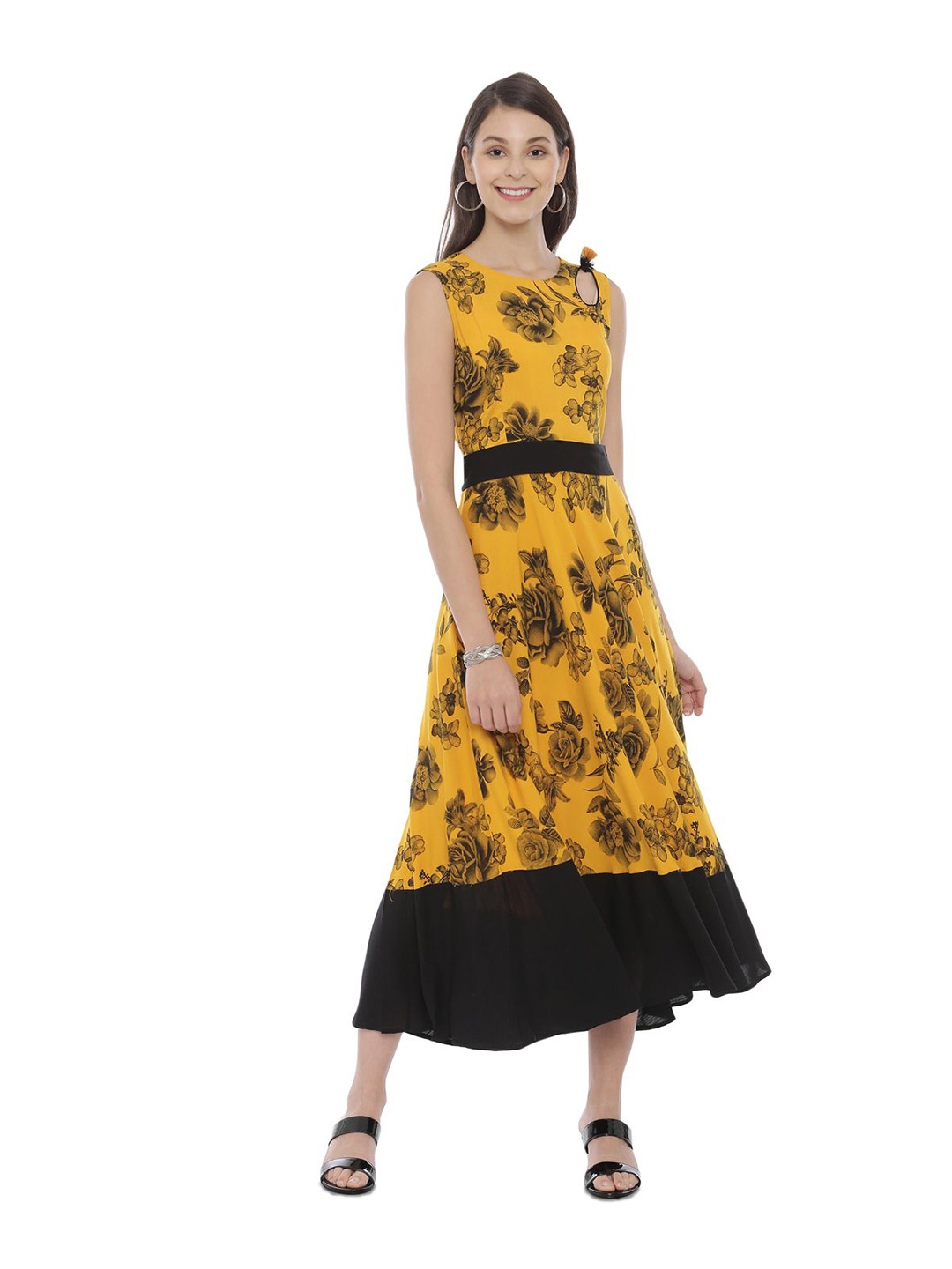 

Neerus Floral Print A-Line Maxi Dress, Yellow