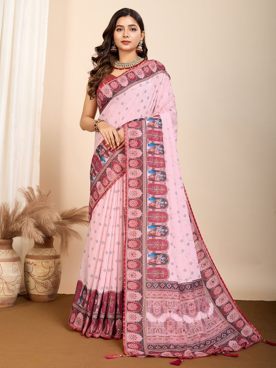 

Nimidiya Embellished Mirror Work Pure Cotton Saree, Pink
