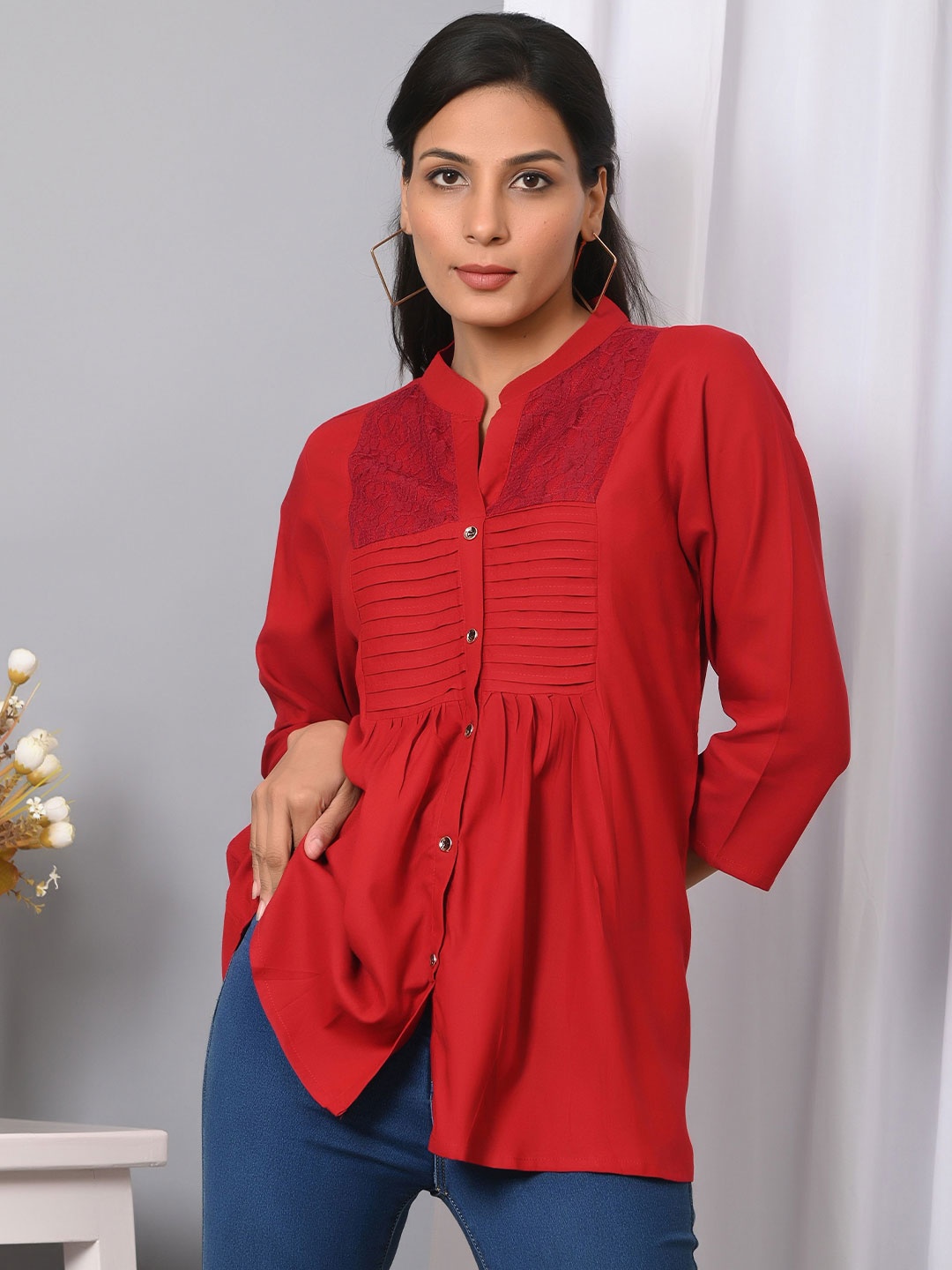 

VYMO Embellished Mandarin Collar Cotton Top, Maroon