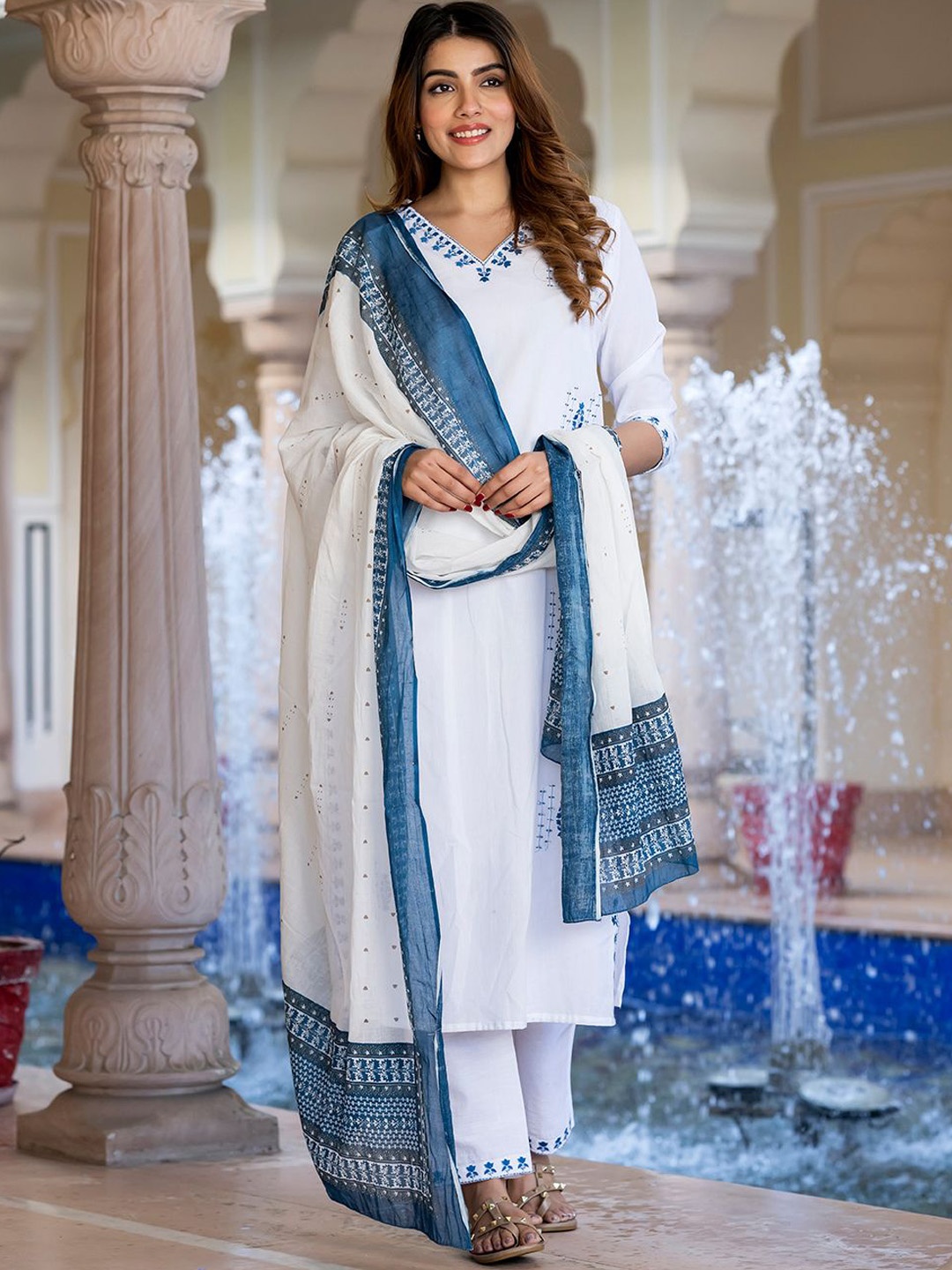 

KALINI Embroidered Thread Work Pure Cotton Straight Kurta With Trousers & Dupatta, White