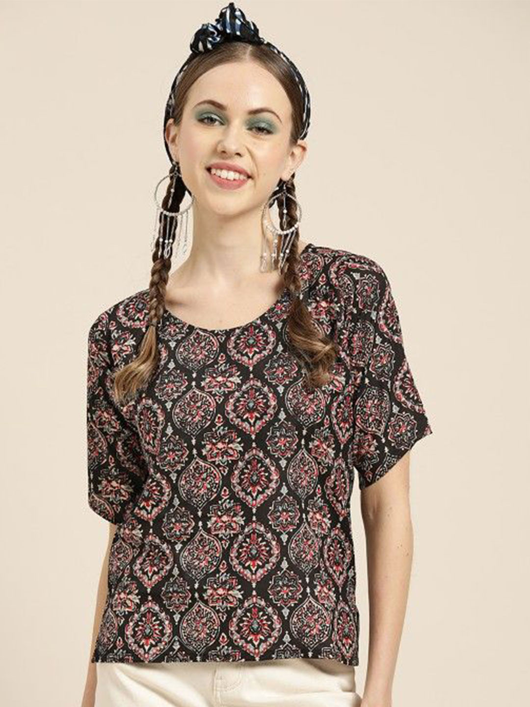 

DressBerry Print Cotton Styled Back Top, Black