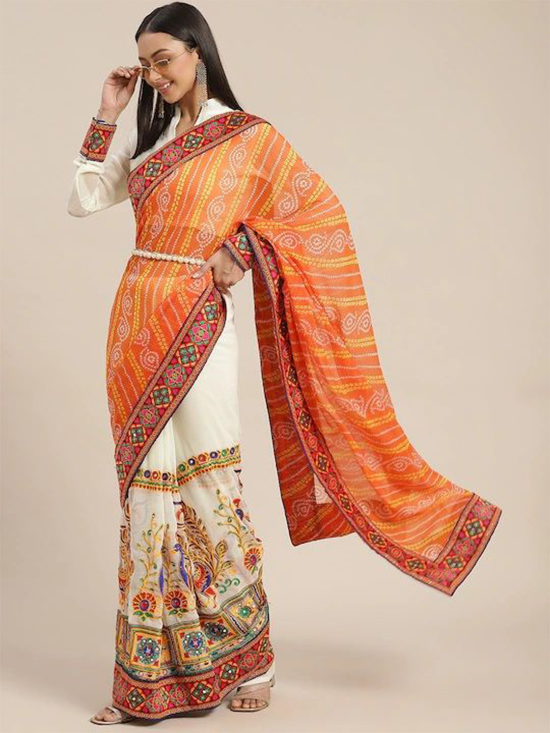 

DIVASTRI Embellished Embroidered Pure Georgette Half and Half Bandhani Saree, Orange