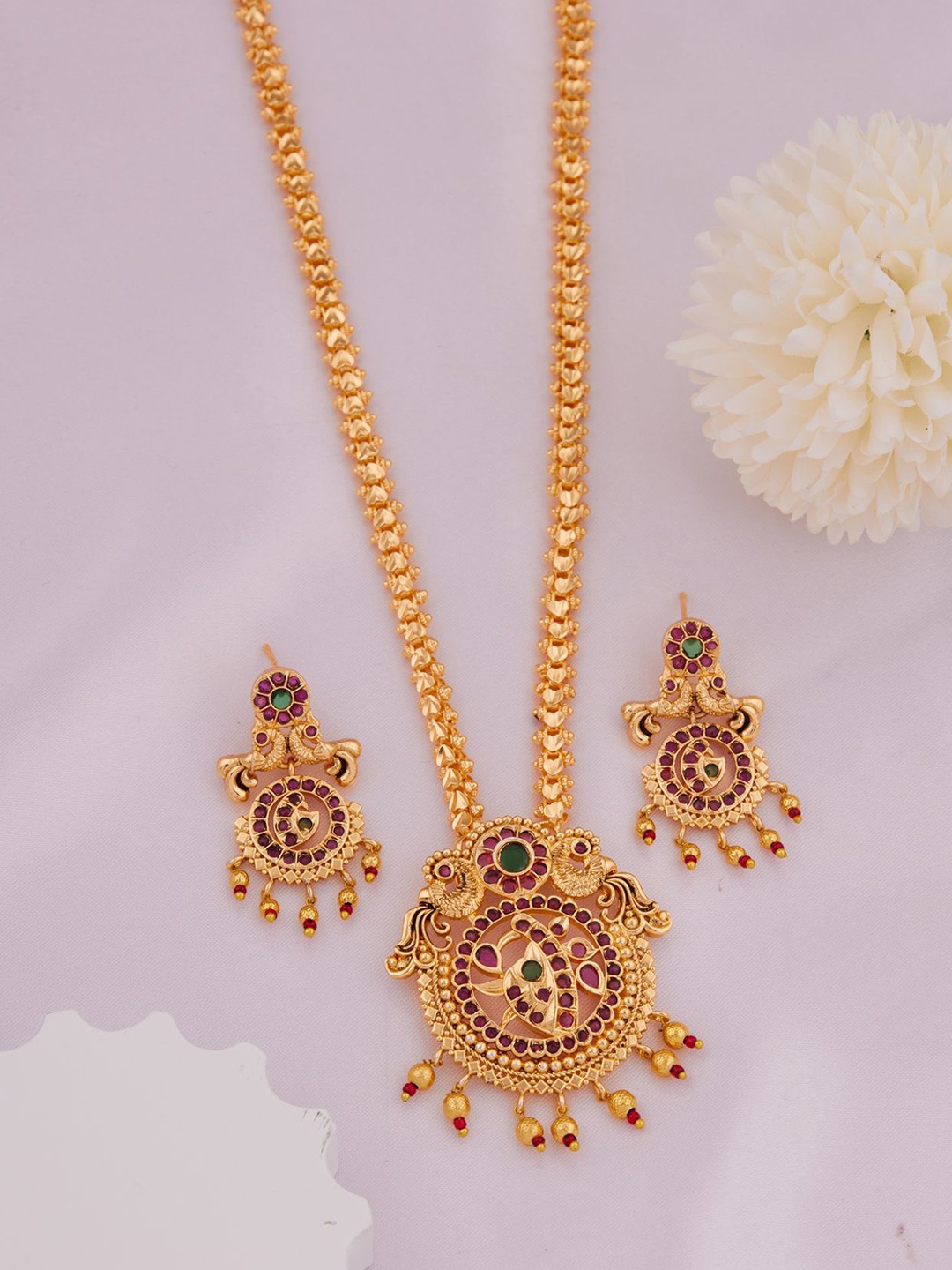 

Rangrozo Jewellery Gold-Plated Stone-Studded & Beaded Jewellery Set
