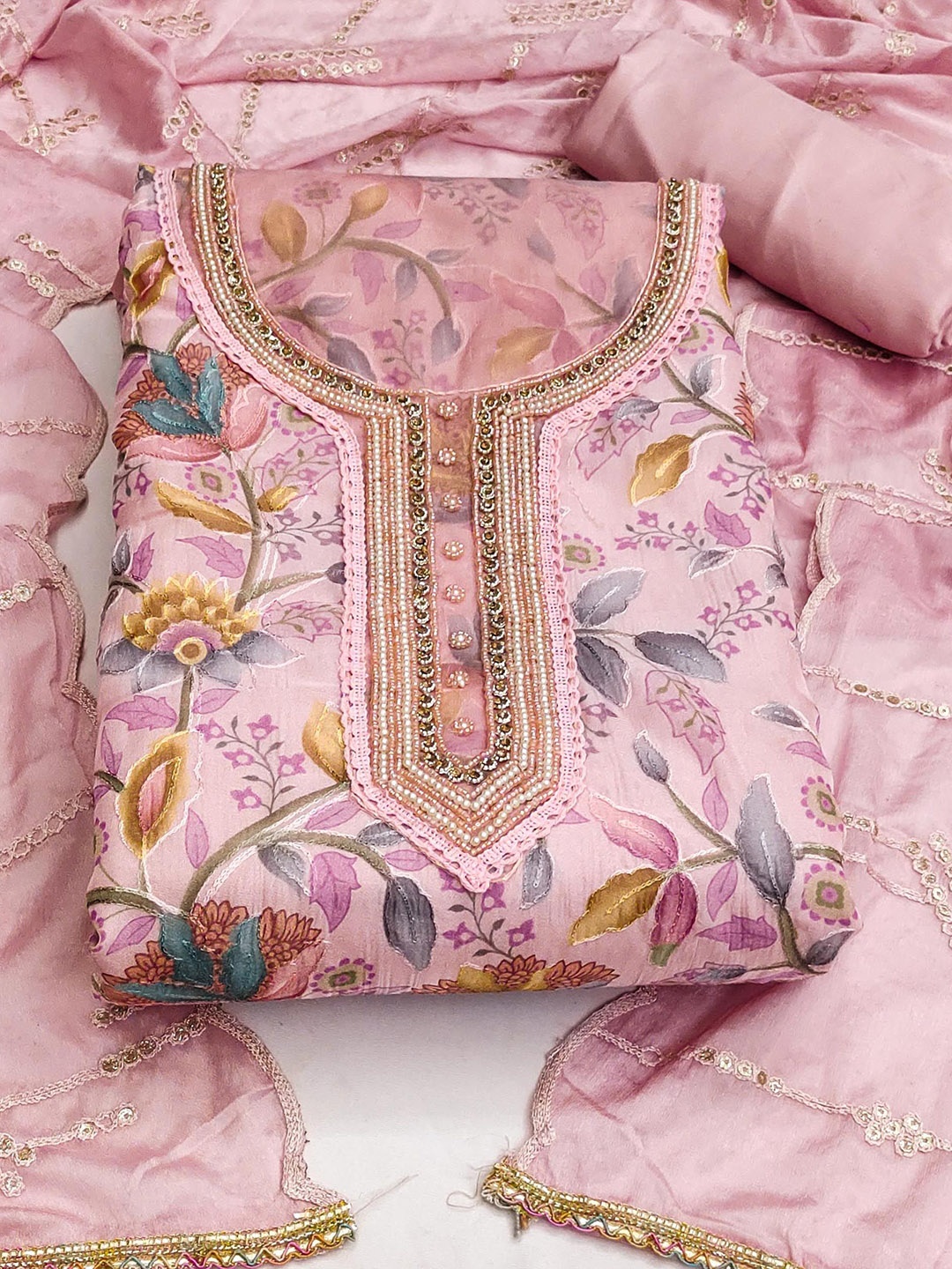 

SAINOOR Floral Printed Beads And Stones Organza Semi-Stitched Dress Material, Pink