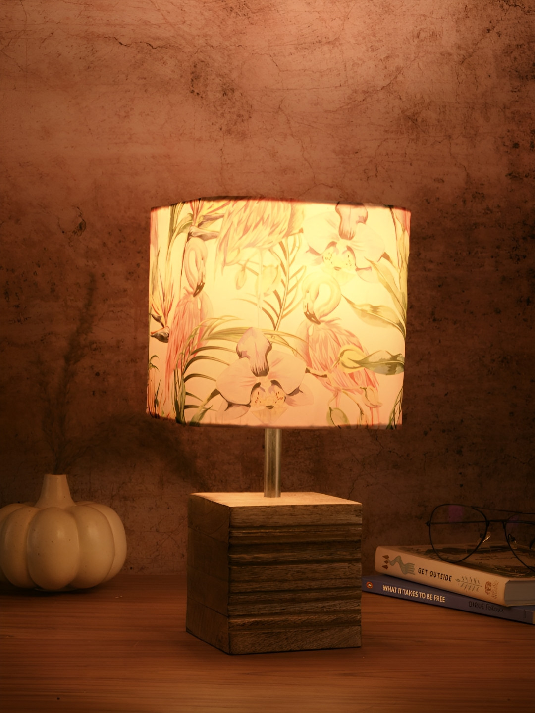 

green girgit Pink Printed Cylindrical Shaped Wooden Table Lamp with Bulb