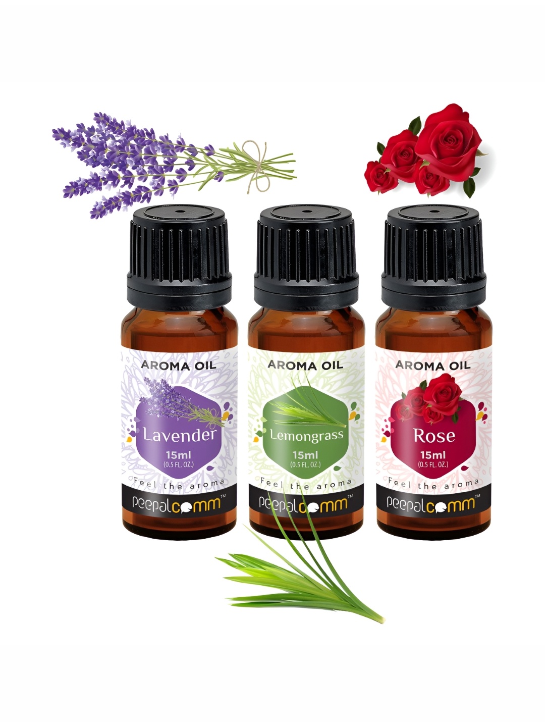 

PEEPALCOMM 3-Pcs Black Lavender Lemongrass & Rose Aroma Oils - 15 ml