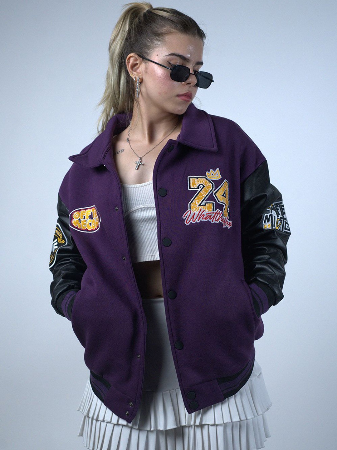

WHAT THE FLEX Unisex Polyester Crop Bomber with Embroidered Jacket, Purple