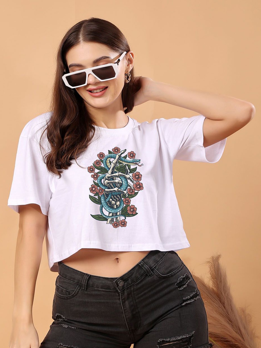 

SWIFTLY Women Bio Finish Graphic Printed Round Neck Cotton Oversized T-shirt, White