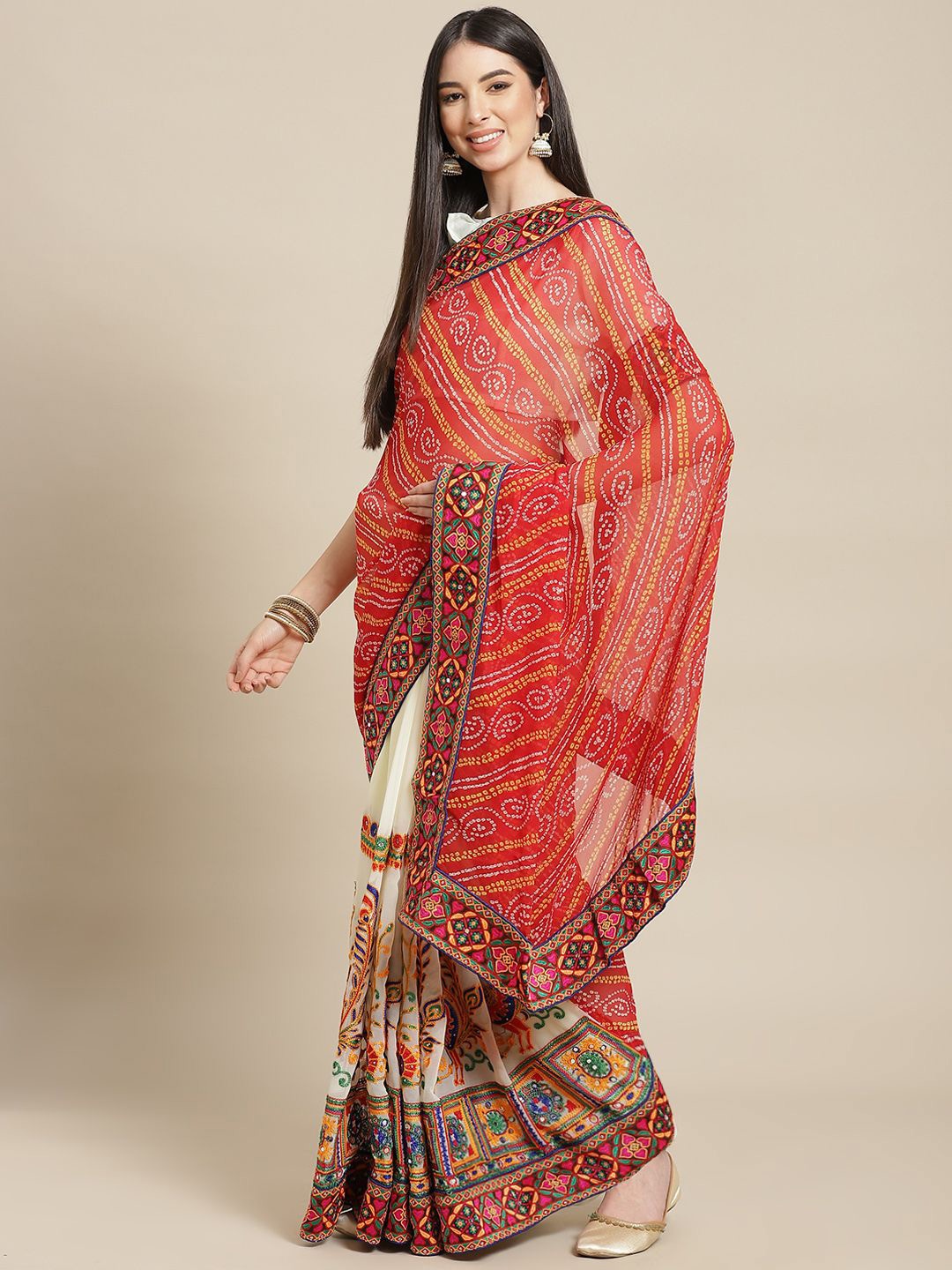 

DIVASTRI Embellished Embroidered Pure Georgette Half and Half Bandhani Saree, Red