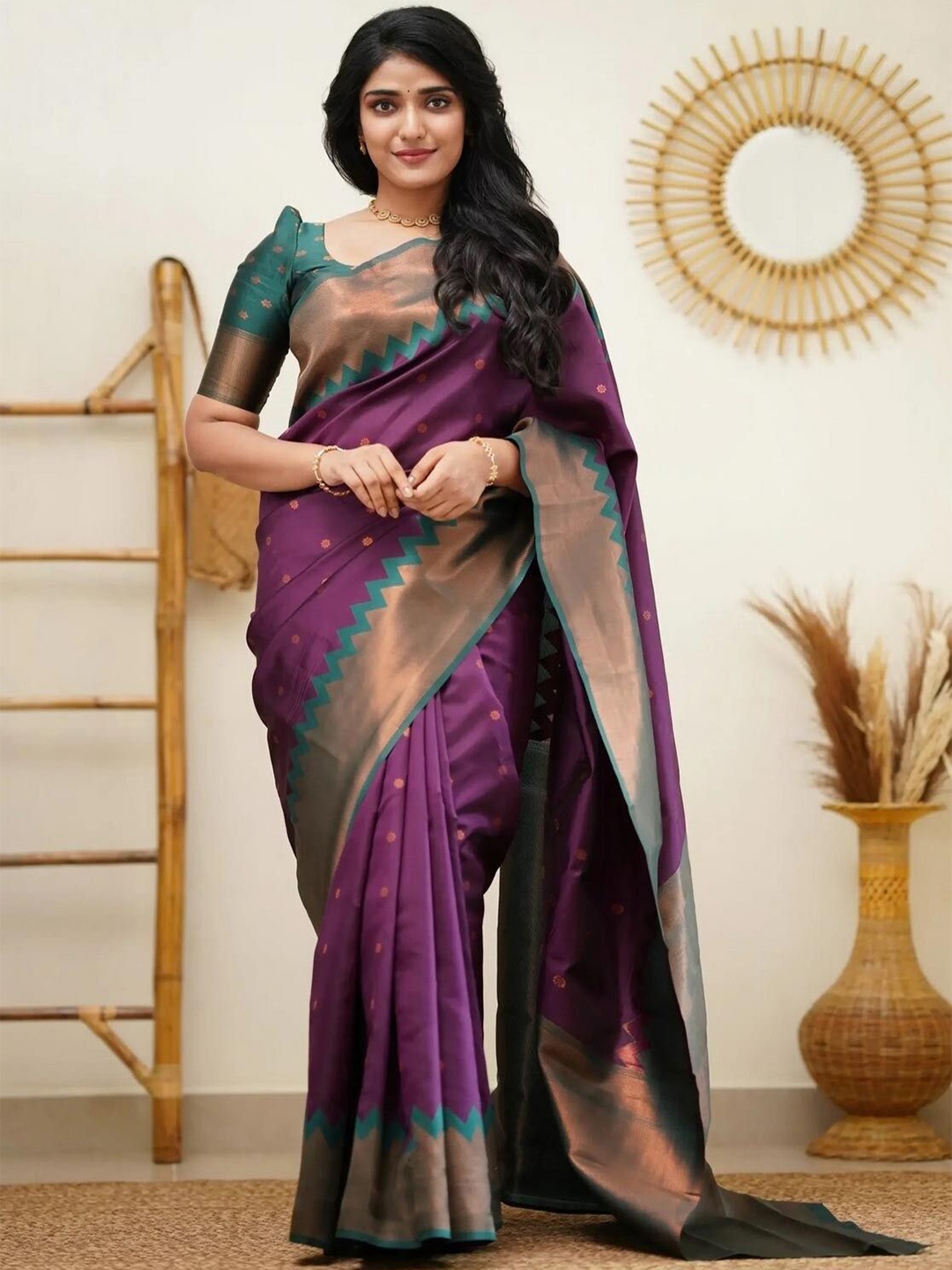 

A TO Z CART Woven Design Zari Pure Silk Banarasi Saree, Purple