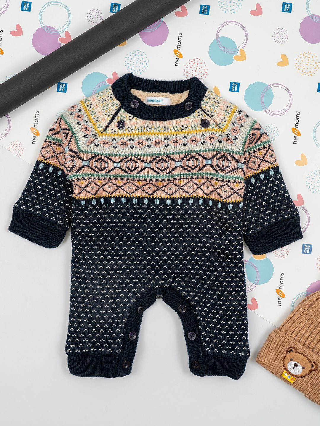 

MeeMee Infants Printed Cotton Rompers, Navy blue