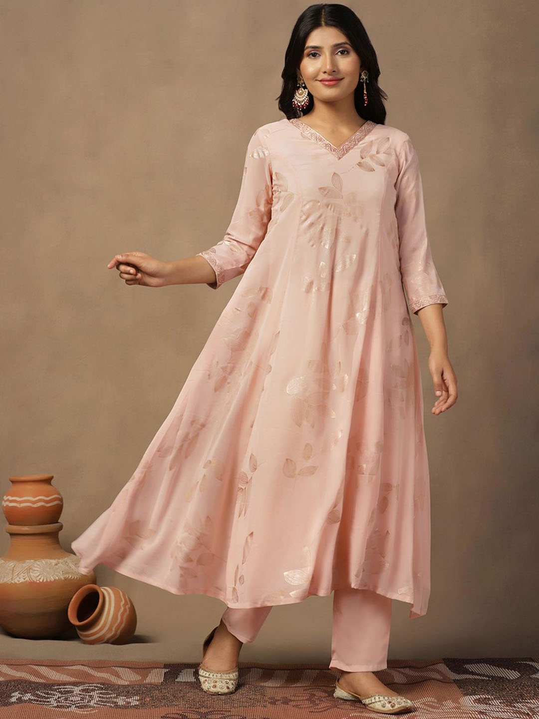 

Sangria Printed Floral Printed V-NeckAnarkali Kurta With Trouser, Beige