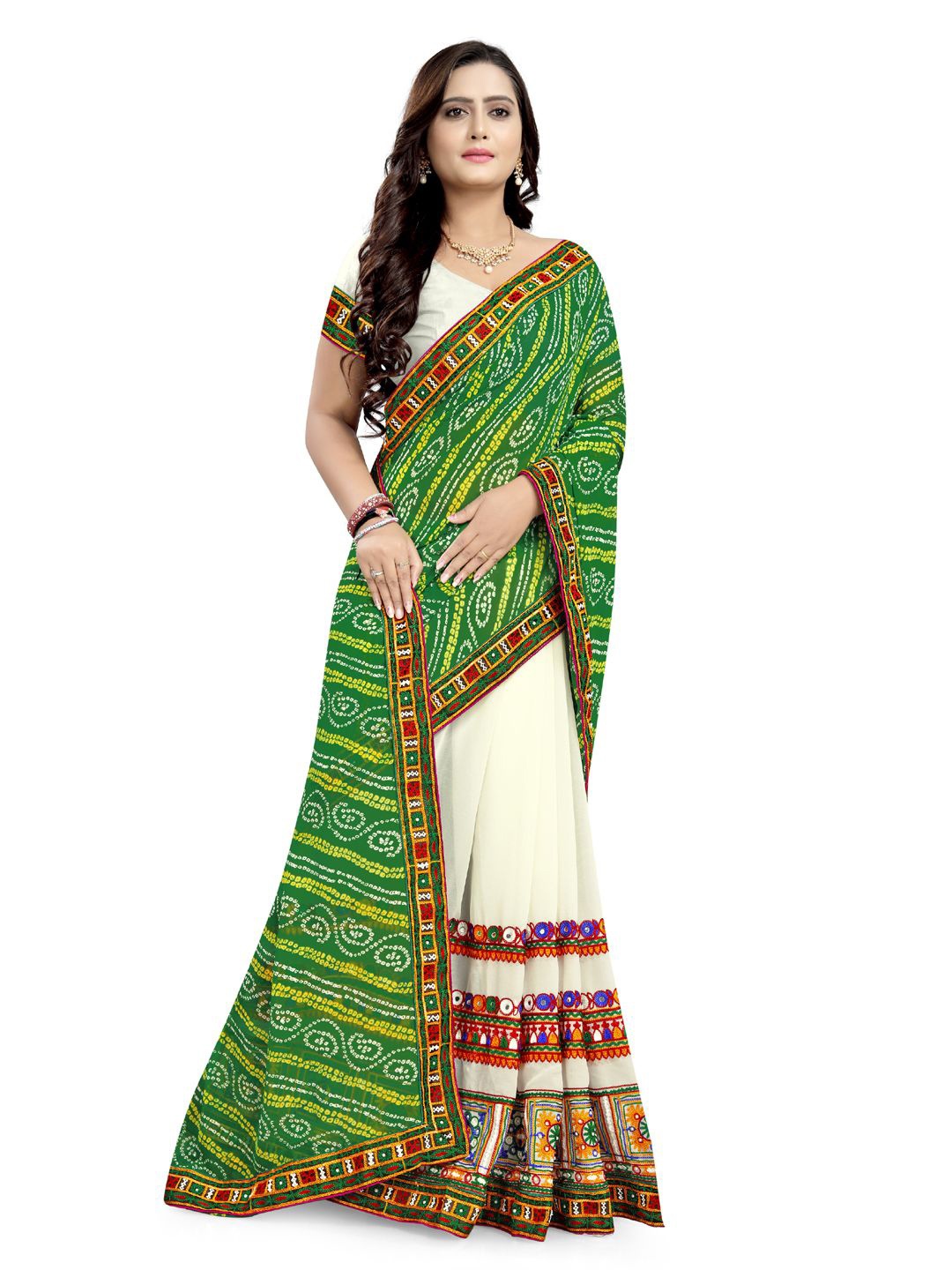 

DIVASTRI Bandhani Mirror Work Poly Georgette Half and Half Saree, Green