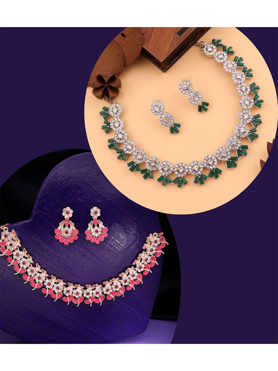 

DIVASTRI Set Of 2 Rose Gold Plated Plated Artificial Stones Studded Jewellery Set