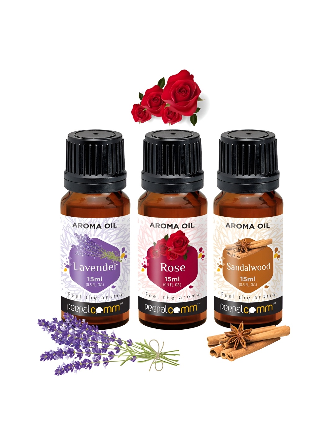 

PEEPALCOMM 3-Pcs Black Lavender Rose & Sandalwood Aroma Oils - 15 ml