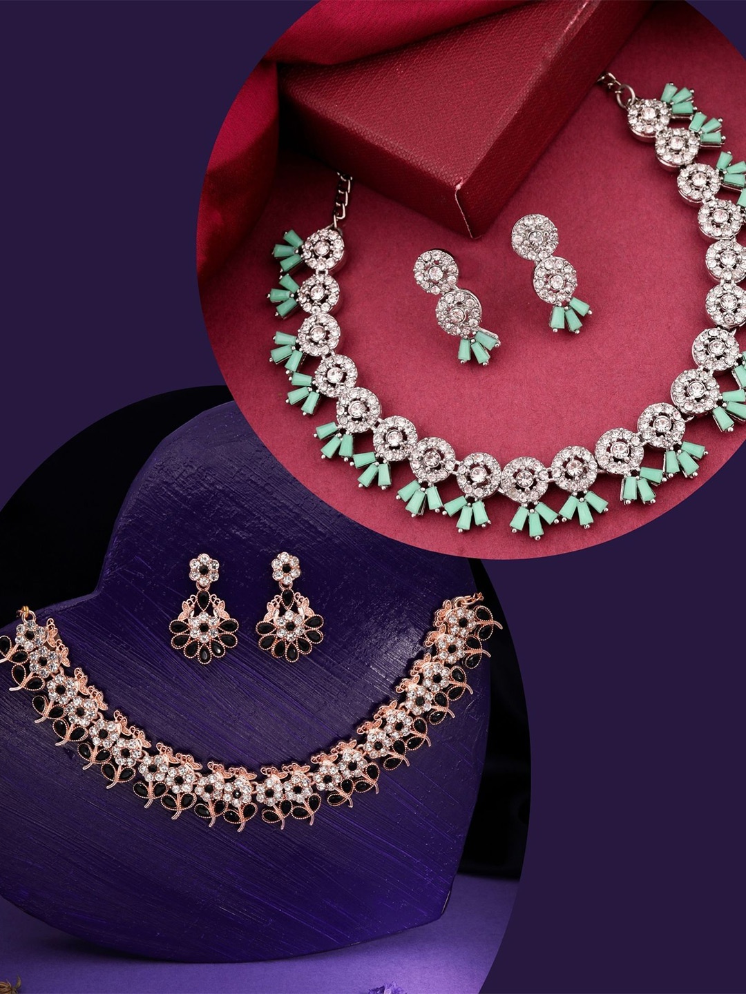

DIVASTRI Pahal Set Of 2 Silver-Plated & Rose Gold-Plated AD Studded Jewellery Set