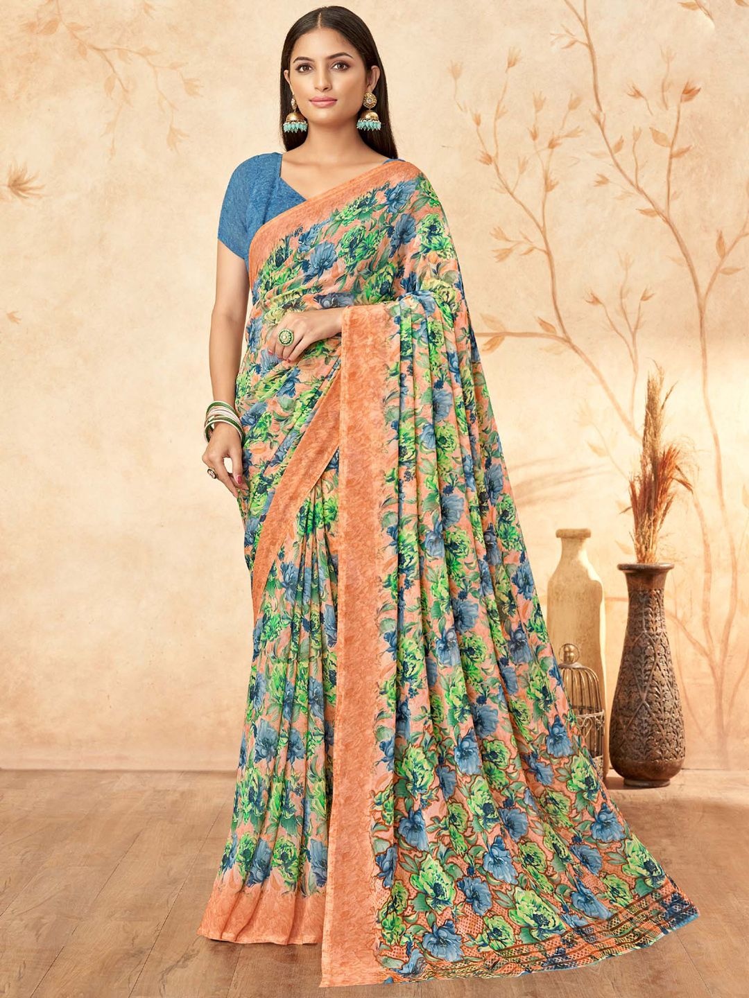 

Anouk Rustic Floral Poly Georgette Sungudi Saree, Green