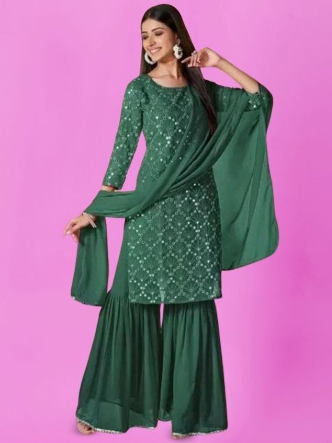 

PARROT CREATION Geometric Embroidered Georgette Straight Kurta With Sharara And Dupatta, Green