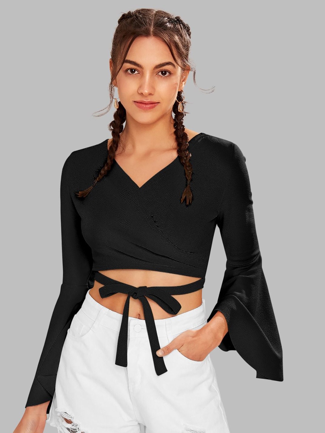 

DHUNKI Bell Sleeve Blouson Crop Top, Black