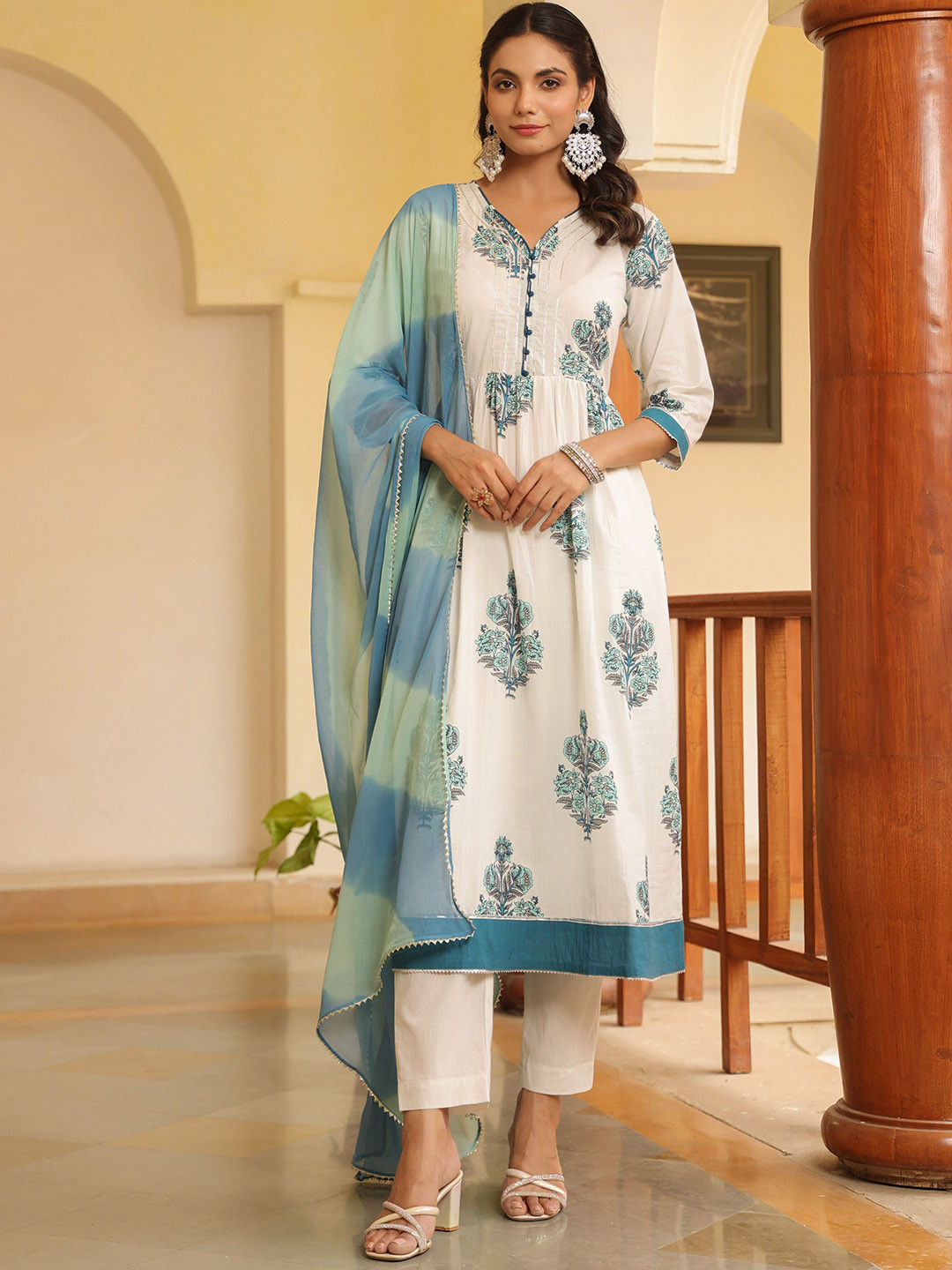 

KALINI Floral Printed Gotta Patti Pure Cotton Anarkali Kurta With Trousers & Dupatta, White