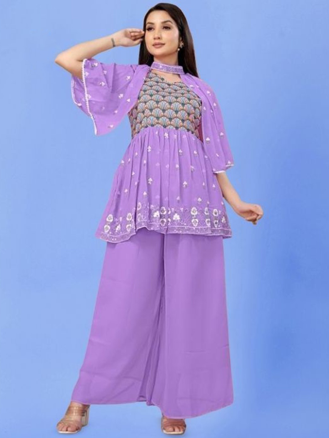 

PARROT CREATION Floral Embroidered Pleated Georgette A-Line Kurti with Palazzos & Cape, Lavender