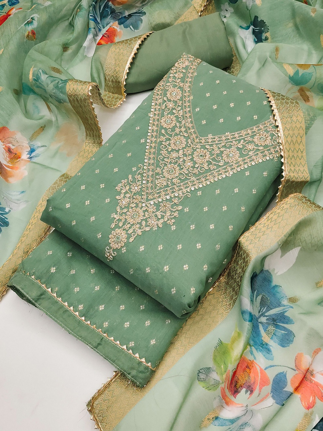 

TAVAS Floral Embroidered Zari Unstitched Dress Material, Green