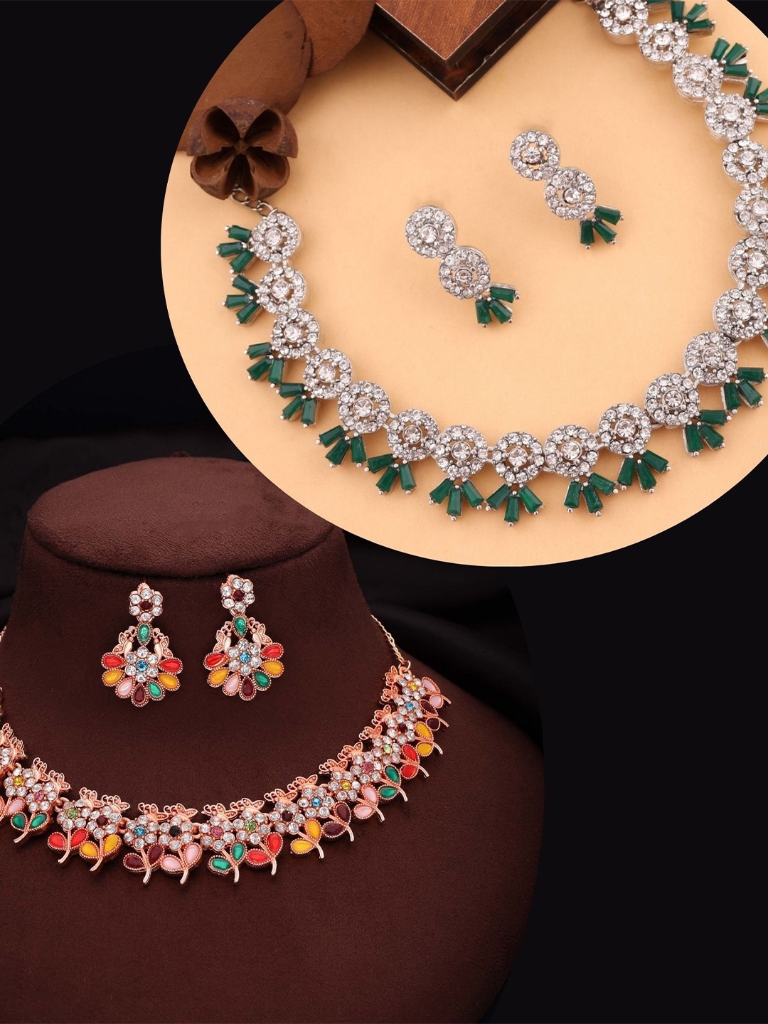 

DIVASTRI Set Of 2 Silver-Plated American Diamond Stone Studded Jewellery Set
