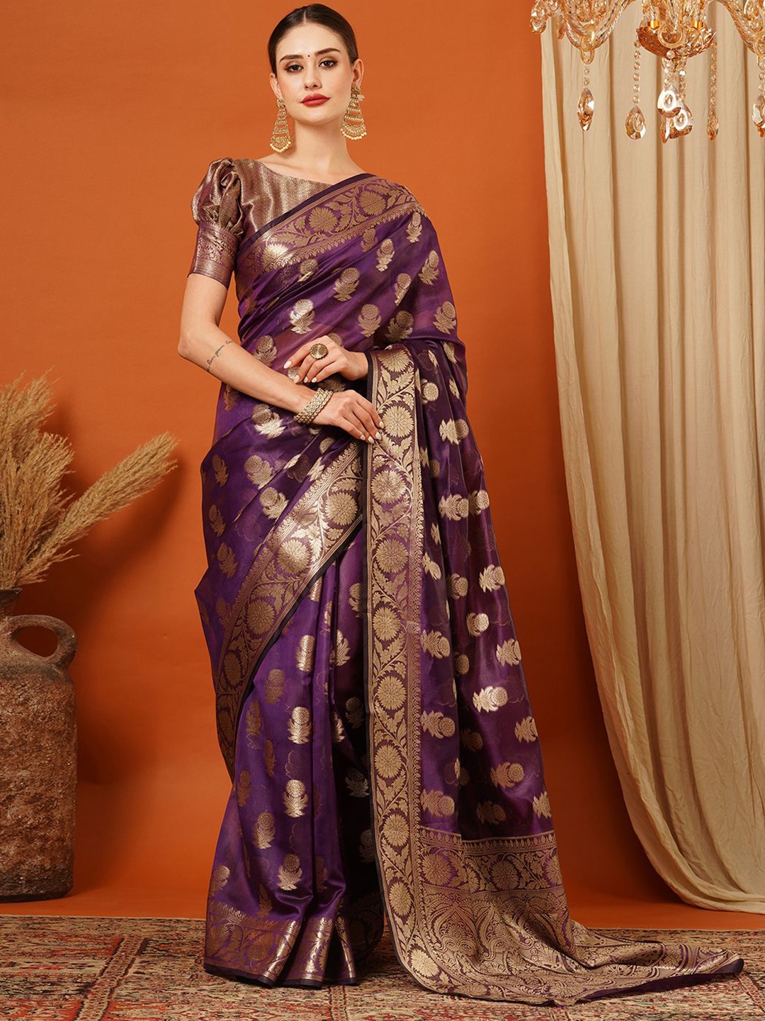 

SILKWEAR Floral Zari Organza Banarasi Saree, Purple