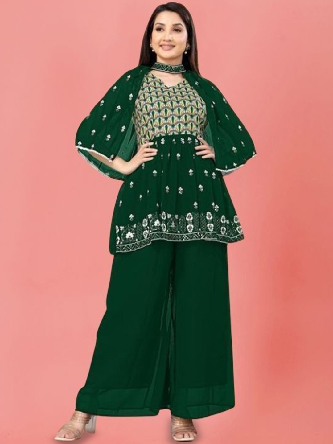 

PARROT CREATION Floral Embroidered V-Neck Sequinned A-Line Kurti With Palazzo And Cape, Green