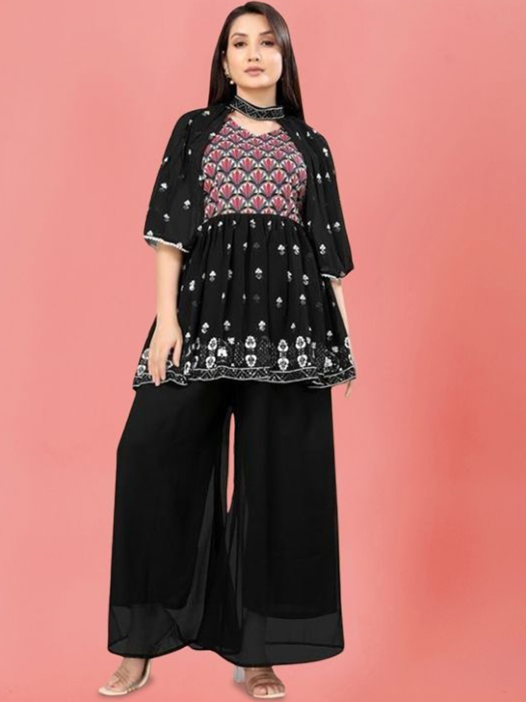 

PARROT CREATION Floral Embroidered Pleated Georgette A-Line Kurti with Palazzos & Cape, Black