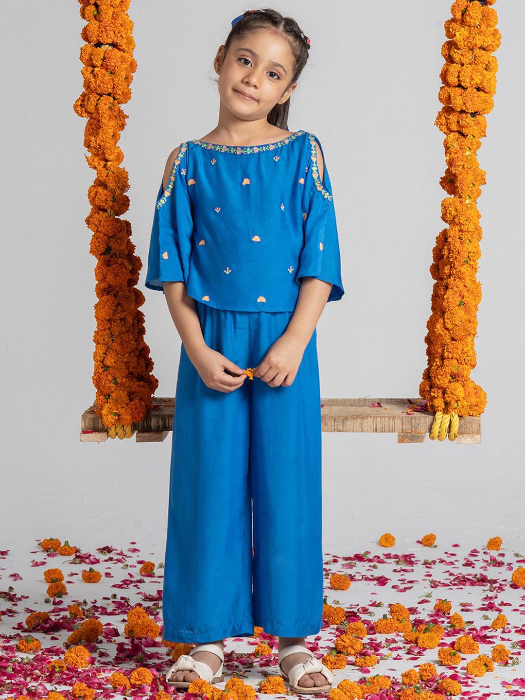 

SPUNKIES Floral Embroidered Cold Shoulder Kaftan Top with Palazzo, Blue