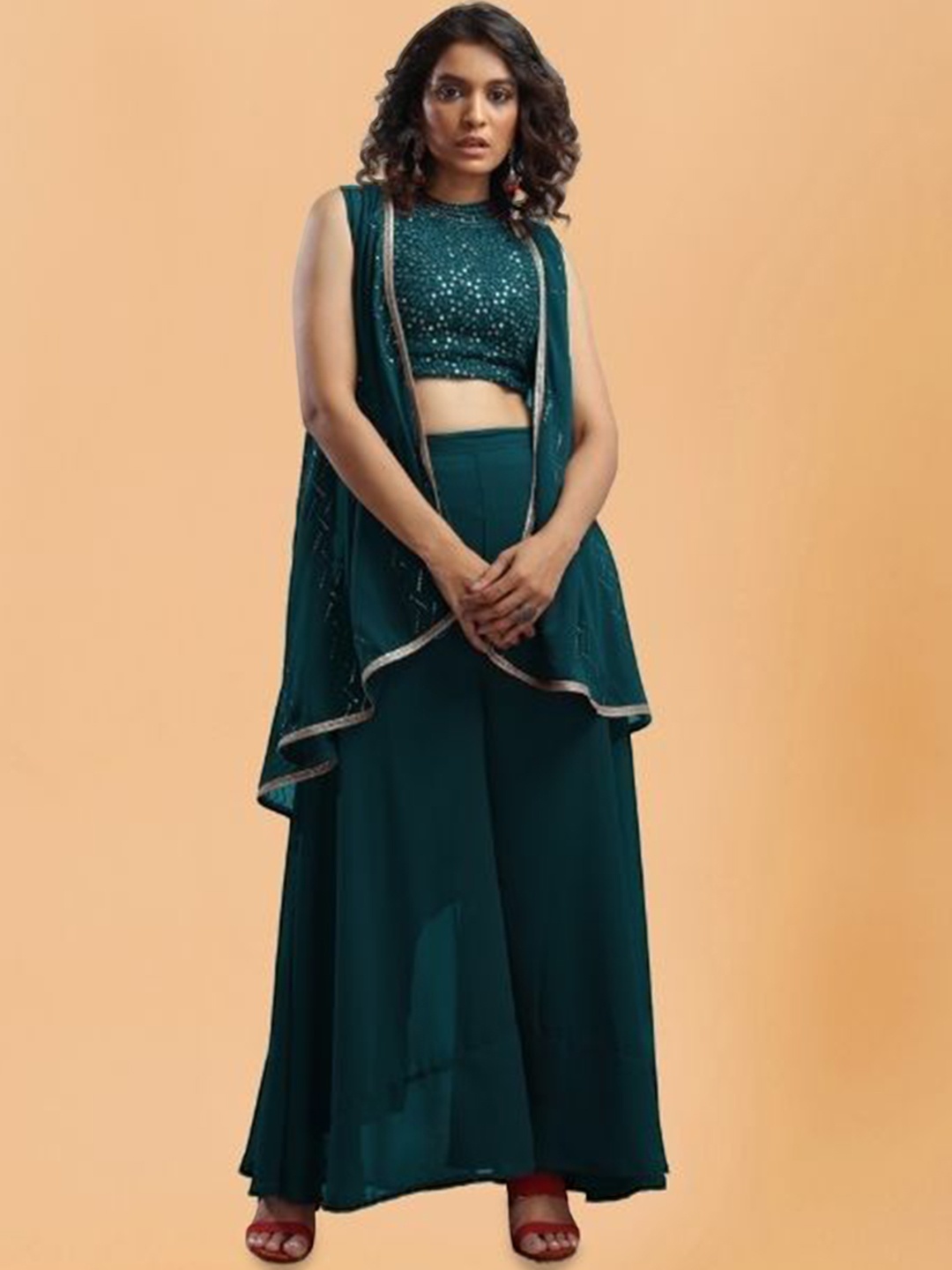 

PARROT CREATION Floral Embroidered Poly Georgette Crop Top With Long Shrug & Palazzos, Teal