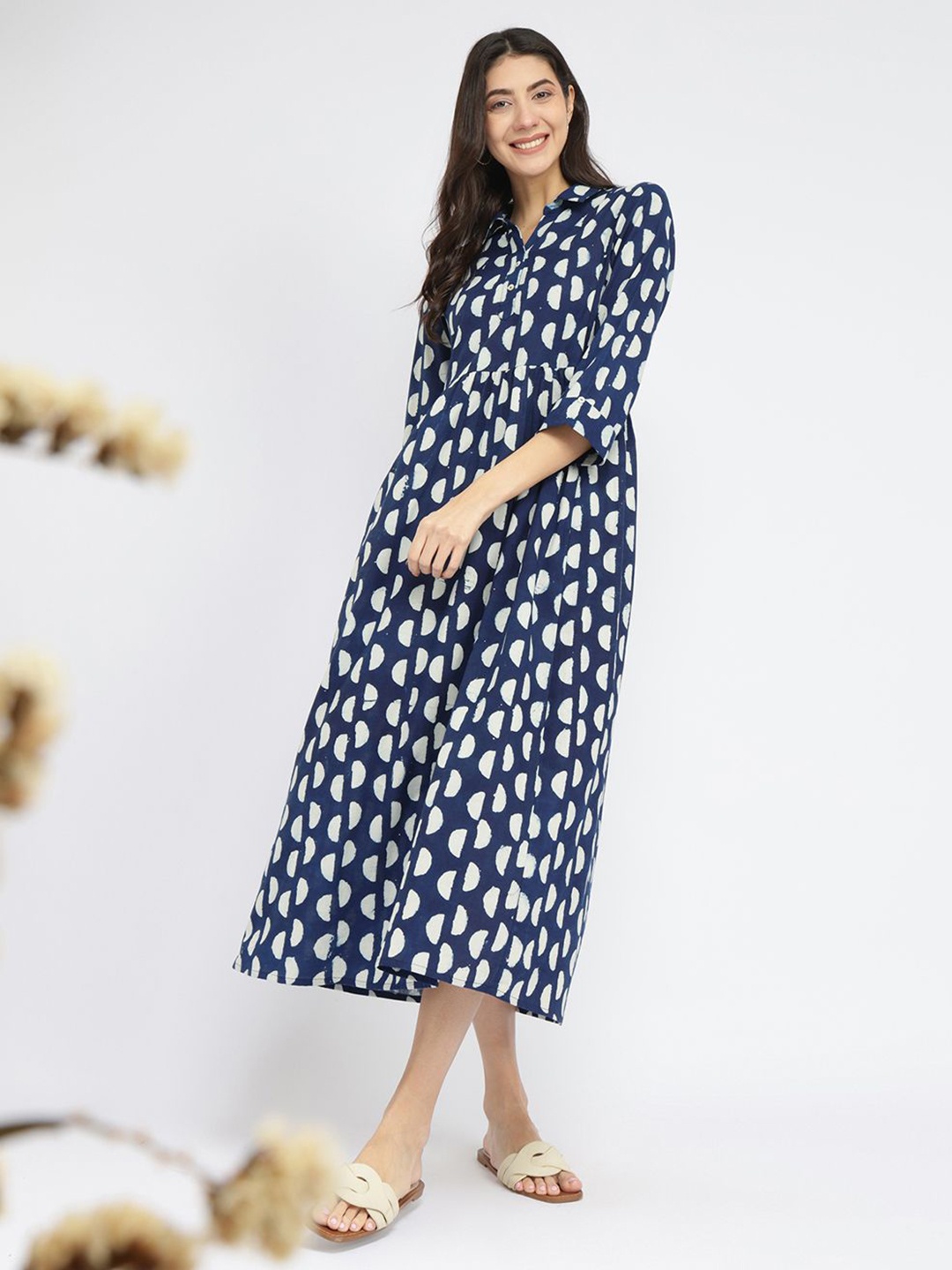 

Pink Fort Women Cotton Dabu Half Polka Print Dress Indigo, Navy blue