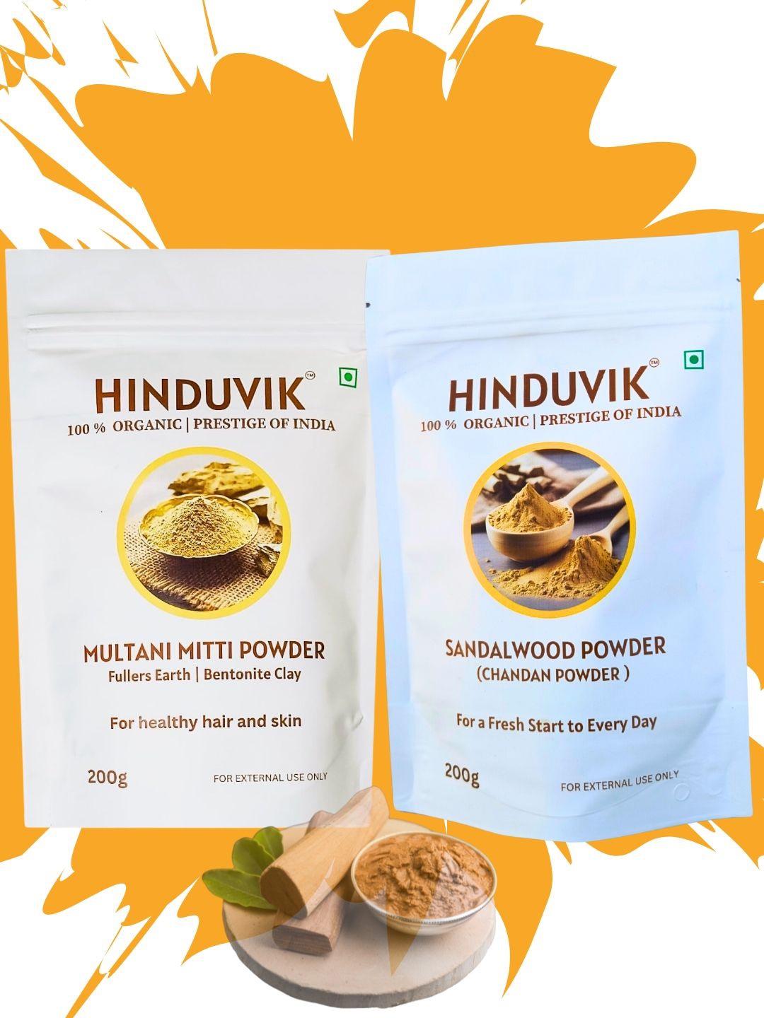 

HINDUVIK Set Of 2 Multani Mitti & Sandalwood Powder For Hair & Skin - 200 g Each, Yellow