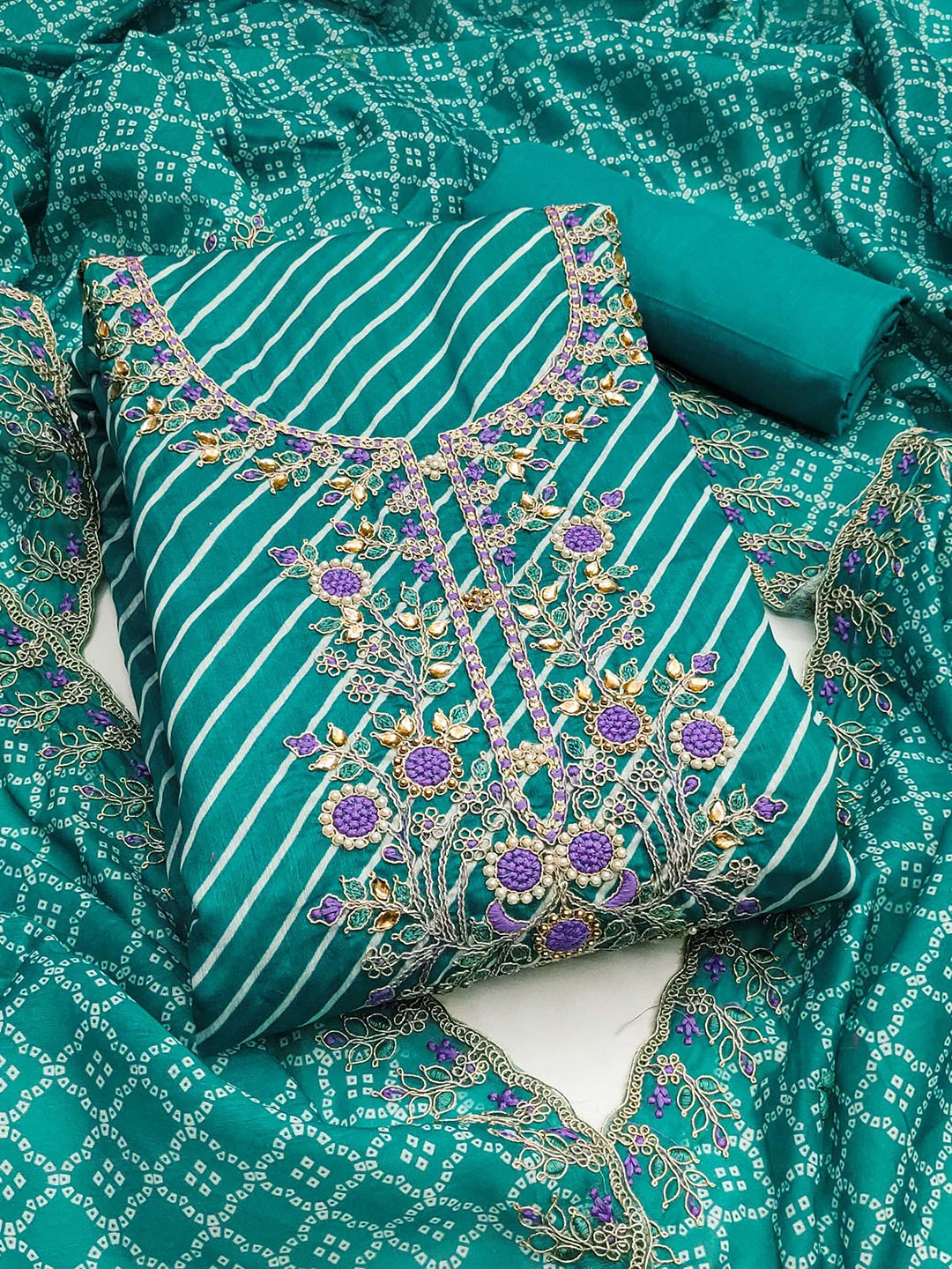 

SAINOOR Leheriya Printed Zari Muslin Cotton Unstitched Dress Material, Green